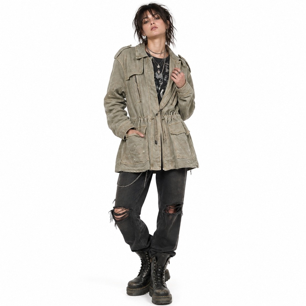 Free People Military Jacket‎ M Khaki Paint Splatter Utility Safari Canvas Grunge
